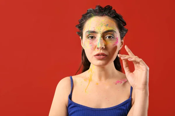 Beautiful Young Woman Paint Her Face Color Background — Stock Photo, Image