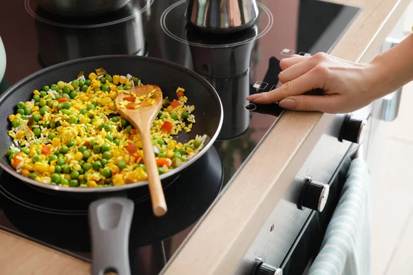 Woman Cooking Tasty Rice Vegetables Stove Kitchen Closeup — Stock Photo, Image