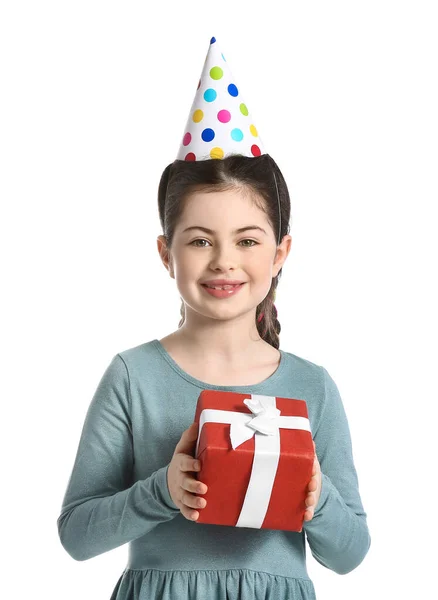 Klein Meisje Feestmuts Met Geschenkdoos Witte Achtergrond — Stockfoto