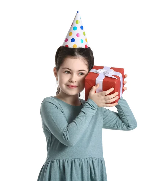 Kleines Mädchen Partyhut Mit Geschenkbox Auf Weißem Hintergrund — Stockfoto