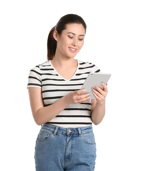 Bella Giovane Donna Che Utilizza Tablet Computer Sfondo Bianco — Foto Stock