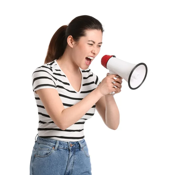 Beyaz Arka Planda Megafonu Olan Kızgın Genç Bir Kadın — Stok fotoğraf