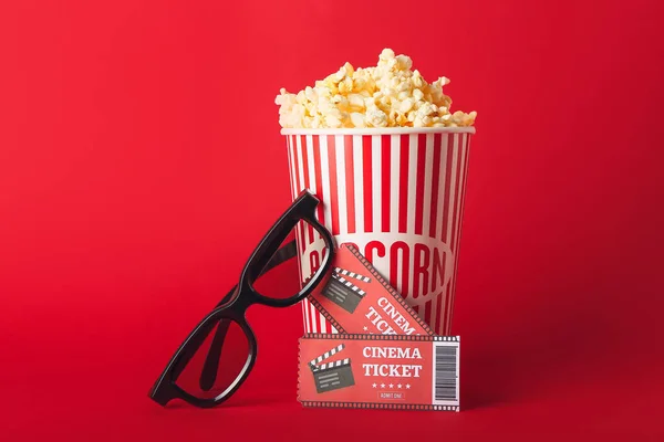 Bucket Tasty Popcorn Glasses Cinema Tickets Color Background — Stock Photo, Image