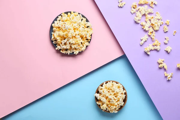 Bowls Tasty Popcorn Color Background — Stock Photo, Image
