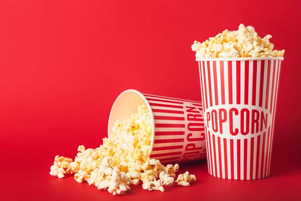 Buckets Tasty Popcorn Color Background — Stock Photo, Image