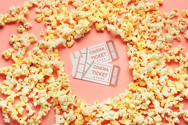 Tasty Popcorn Cinema Tickets Color Background — Stock Photo, Image