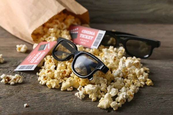 Popcorn Cinema Tickets Glasses Dark Wooden Background — Stock Photo, Image