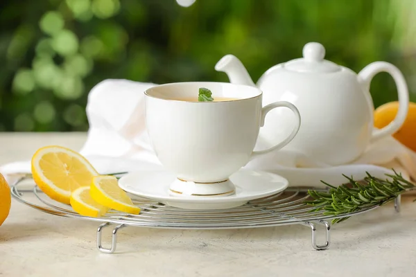 Grid Cup Tasty Green Tea Pot Ingredients Table Outdoors — Stock Photo, Image