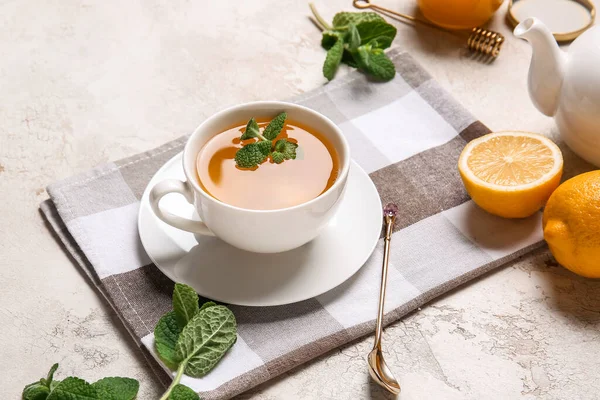 Cup Tasty Green Tea Pot Ingredients Grunge Background — Stock Photo, Image