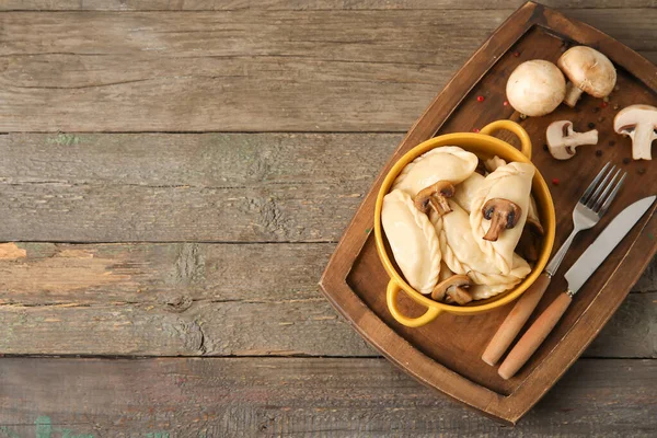 Board Tasty Dumplings Mushrooms Wooden Background — Stock Photo, Image