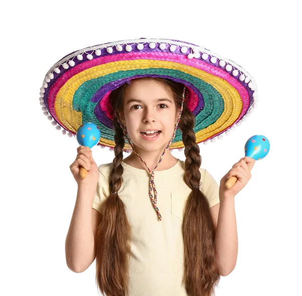 Roztomilé Mexické Dívka Sombrero Klobouk Maracas Bílém Pozadí — Stock fotografie