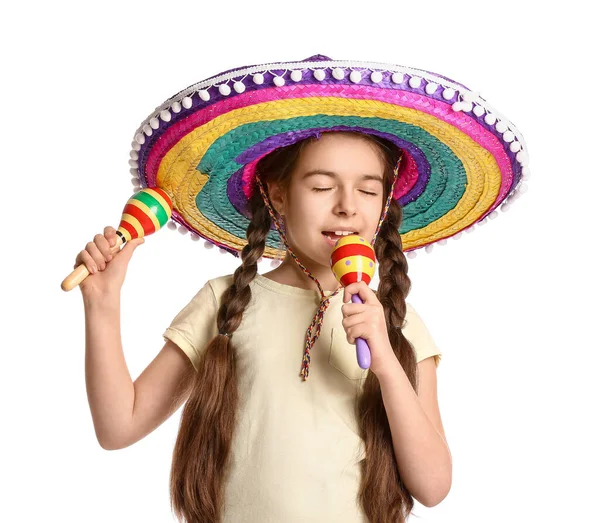 Feliz Chica Mexicana Sombrero Sombrero Con Maracas Sobre Fondo Blanco — Foto de Stock