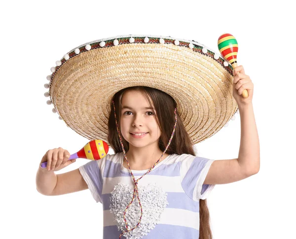 幸せなメキシコ人の女の子でSombrero帽子とととともにMaracas上の白い背景 — ストック写真