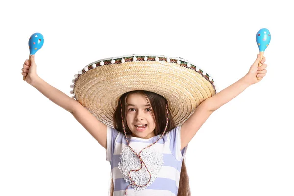 幸せなメキシコ人の女の子でSombrero帽子とととともにMaracas上の白い背景 — ストック写真