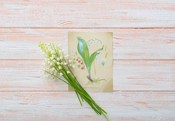 Beautiful Lily Valley Flowers Greeting Card Wooden Background — Stock Photo, Image