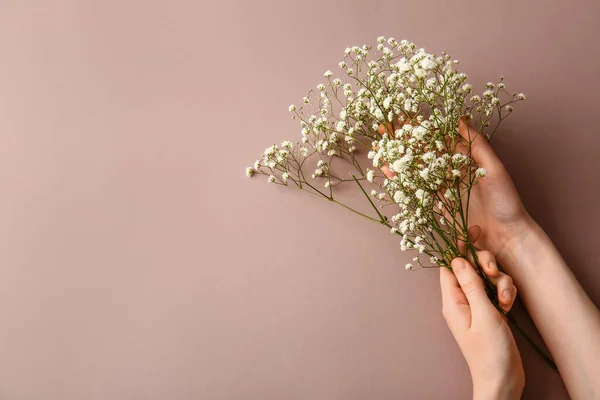 Női Kéz Gyönyörű Cigány Virágok Színes Háttér — Stock Fotó