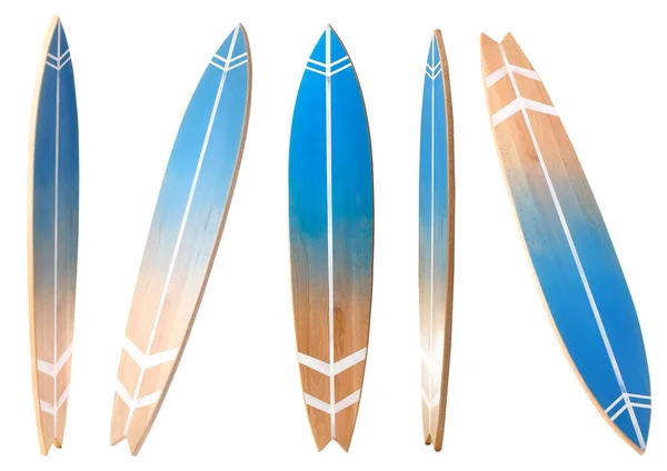 Beyaz Arka Planda Tahta Sörf Tahtasının Farklı Görünümü — Stok fotoğraf