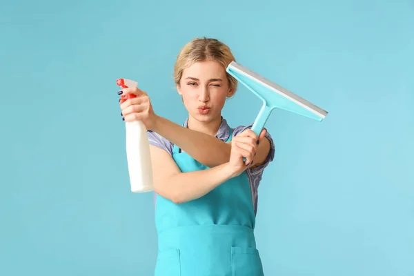 Young Woman Detergent Squeegee Color Background — Stock Photo, Image