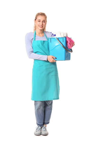 Young Woman Cleaning Supplies White Background — Stock Photo, Image