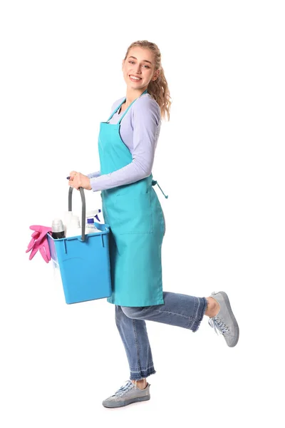 Young Woman Cleaning Supplies White Background — Stock Photo, Image