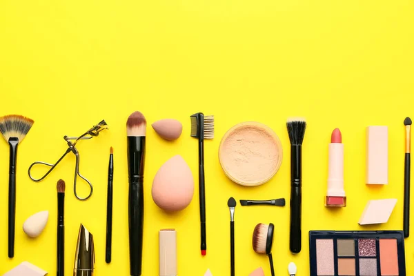 Decorative Cosmetics Makeup Brushes Color Background — Stock Photo, Image