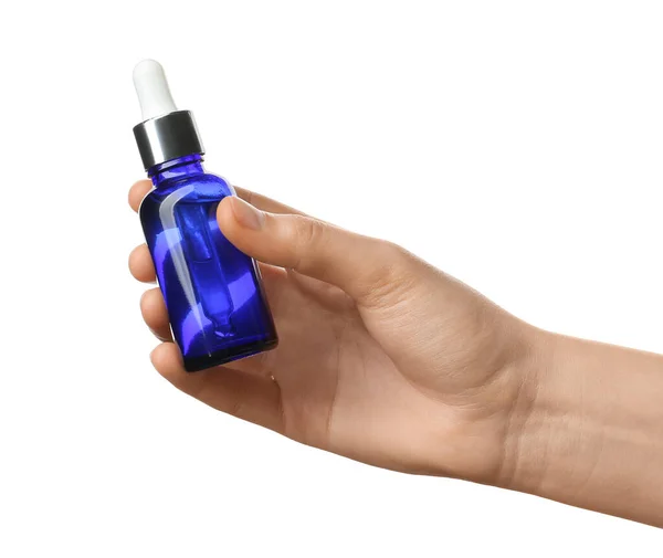 Woman Holding Bottle Essential Oil White Background Closeup — Stock Photo, Image