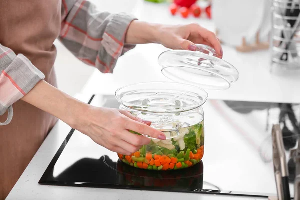 Woman Cooking Tasty Soup Stove Kitchen — Stock Photo, Image