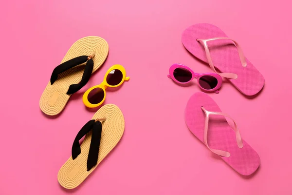 Stylish Sunglasses Flip Flops Color Background — Stock Photo, Image