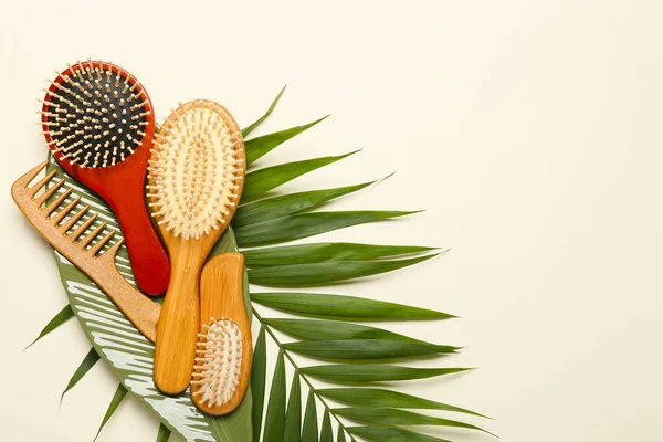 Composition Hair Brushes Comb Palm Leaf Color Background — Stock Photo, Image