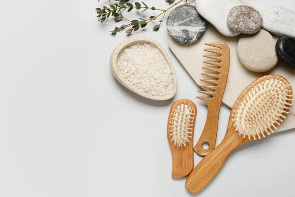 Composition Hair Brushes Comb Sea Salt Spa Stones Light Background — Stock Photo, Image