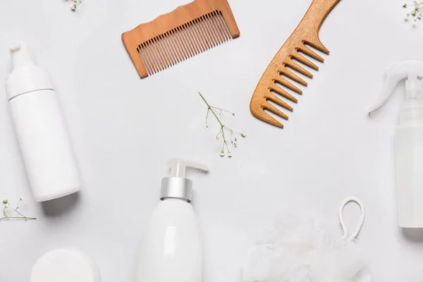 Hair Combs Sponge Cosmetics Grey Background — Stock Photo, Image