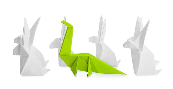 Origami Dinosaurio Conejos Sobre Fondo Blanco Concepto Singularidad — Foto de Stock