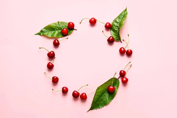 Frame Made Tasty Ripe Cherry Color Background — Stock Photo, Image