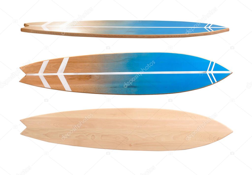 Different view of wooden surfboard on white background