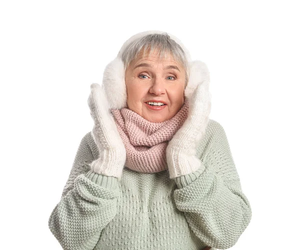Senior Woman Winter Clothes White Background — Stock Photo, Image
