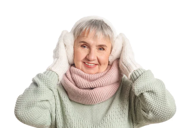 Senior Woman Winter Clothes White Background — Stock Photo, Image