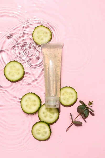 Tube Cosmetic Product Slices Cucumber Water Color Background — Stock Photo, Image