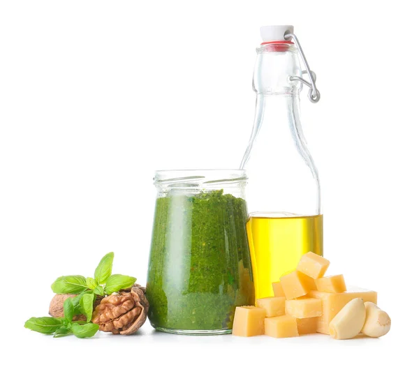 Jar Fresh Pesto Sauce Ingredients White Background — Stock Photo, Image