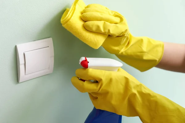 Housewife Cleaning Wall Switch Home — Stock Photo, Image