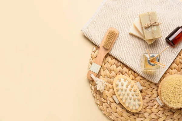 Different Massage Brushes Bath Supplies Color Background — Stock Photo, Image