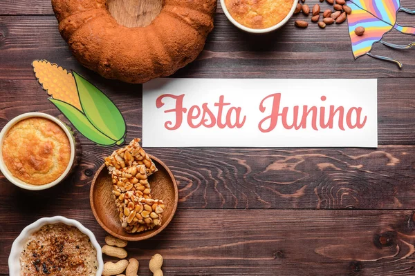 Традиційна Їжа Festa Junina Червневий Фестиваль Дерев Яному Тлі — стокове фото