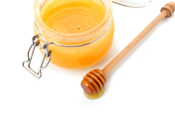 Wooden Dipper Jar Honey White Background — Stock Photo, Image