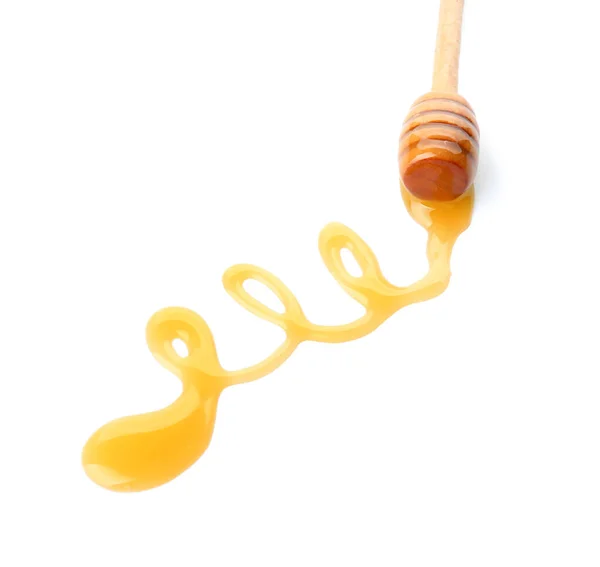 Houten Dipper Met Honing Witte Achtergrond — Stockfoto