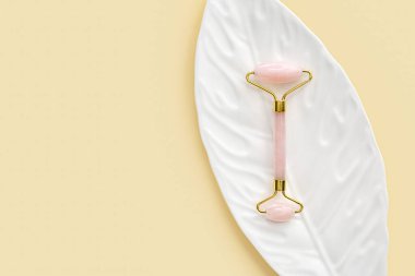 Renk arkaplanında yüz masajı aracı olan tabak