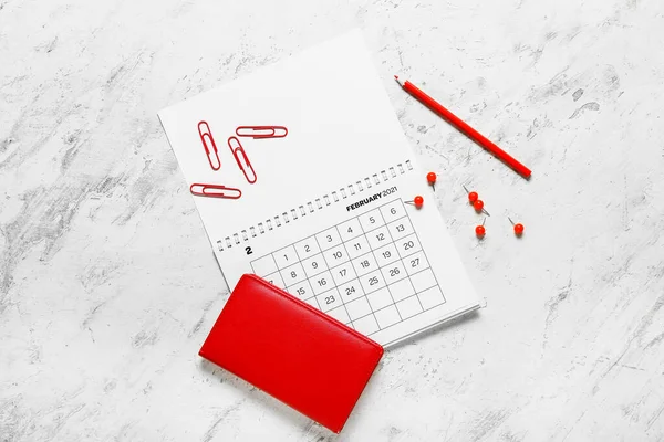 Flip Paper Calendar Pencil Pins Notebook Light Background — Stock Photo, Image