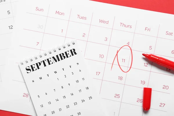 Calendars Marked Date Marker Color Background Closeup — Stock Photo, Image