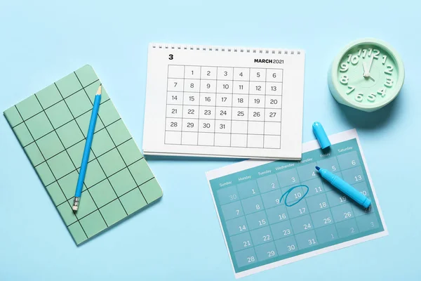 Calendars Stationery Alarm Clock Color Background — Stock Photo, Image