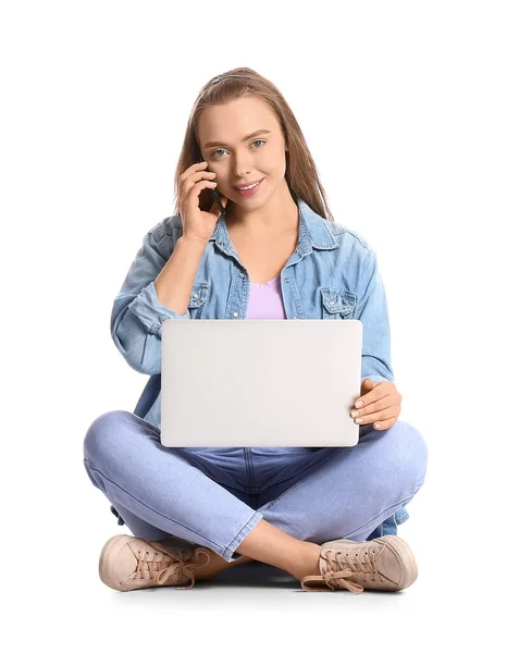 Young Woman Laptop Talking Mobile Phone White Background — Stock Photo, Image