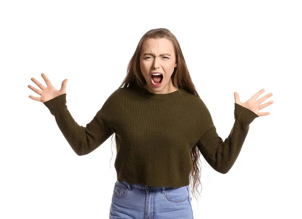 Beyaz Arka Planda Kızgın Genç Bir Kadın — Stok fotoğraf