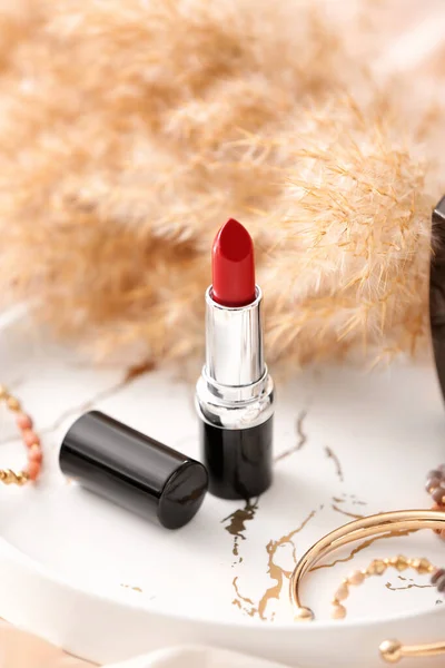 Red Lipstick Accessories Light Background Closeup — Stock Photo, Image